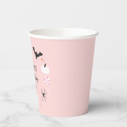 ピンクのハロウィーンの生き物の誕生日パーティー 紙コップ (左)