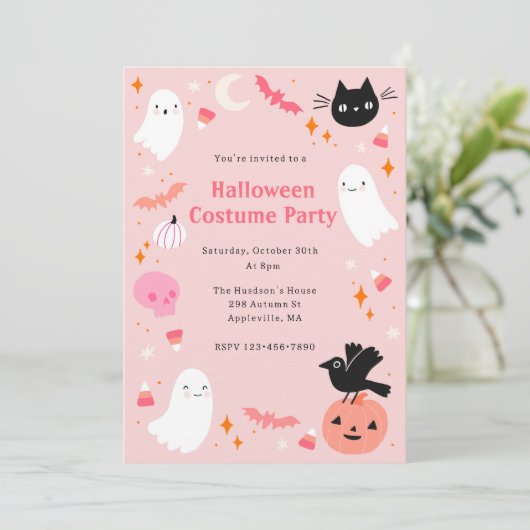 ピンクのハロウィーンの衣装パーティー 招待状 (スタンド正面)