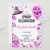 ピンクのハロウィーンの誕生日パーティーに女の子を招待 招待状 (正面)