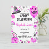 ピンクのハロウィーンの誕生日パーティーに女の子を招待 招待状 (スタンド正面)