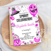 ピンクのハロウィーンの誕生日パーティーに女の子を招待 招待状