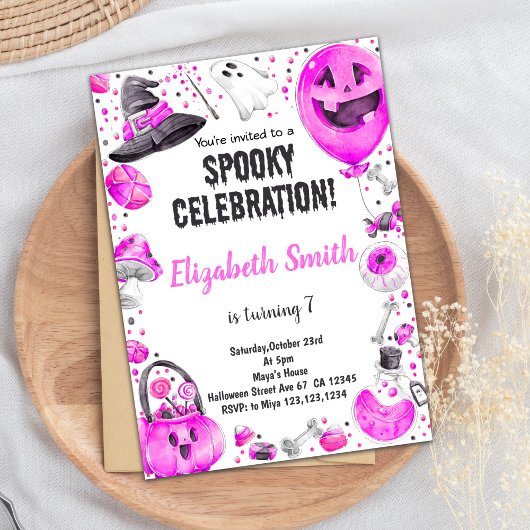ピンクのハロウィーンの誕生日パーティーに女の子を招待 招待状