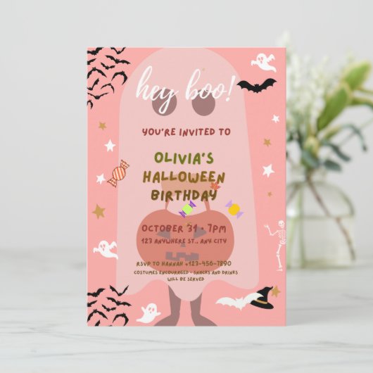 ピンクのハロウィーンの誕生日パーティーの招子供へ待 招待状 (スタンド正面)