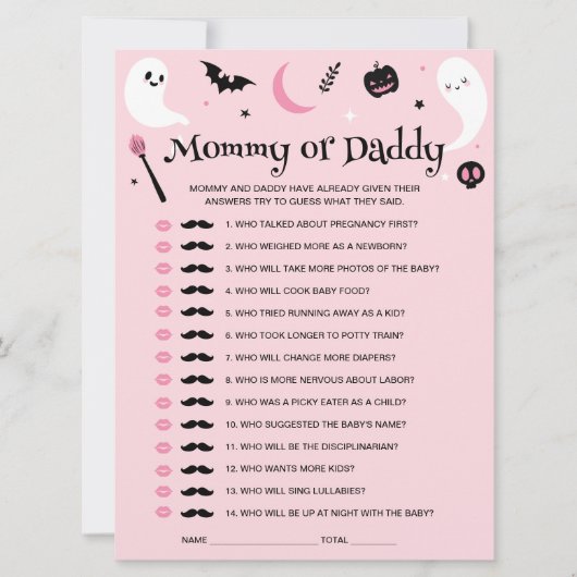 ピンクのハロウィーンの赤ちゃんシャワー推測誰のゲームカード 招待状 (正面)