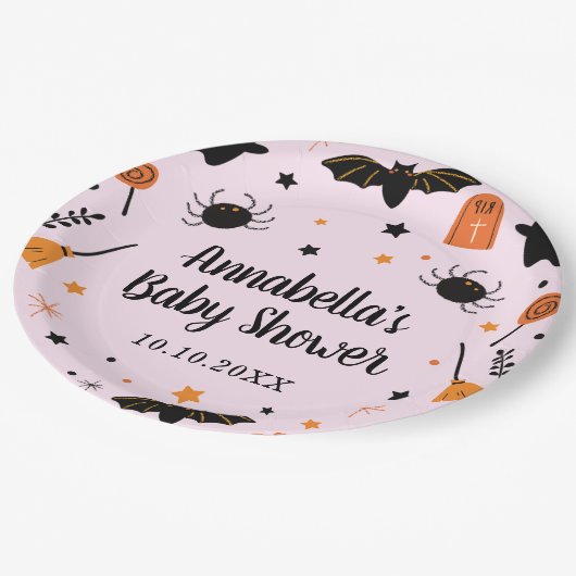 ピンクのハロウィーンの赤ちゃんシャワー ペーパープレート (アングル)
