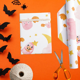 ピンクのハロウィーンカボチャ幽霊と可愛いこうもり ラッピングペーパー