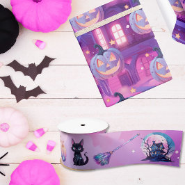 ピンクのハロウィーンビウィッチテーマ猫カボチャの箒 サテンリボン