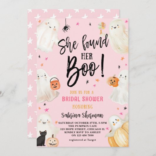 ピンクのハロウィーンブライダルシャワー彼女は彼女のブーを見つけた 招待状 (正面/裏面)