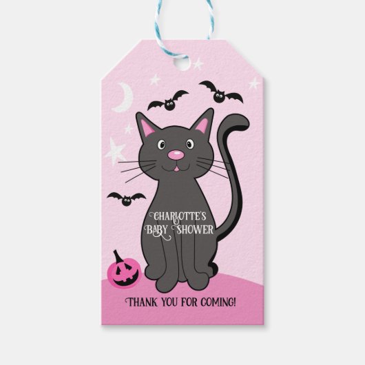 ピンクのハロウィーンブラックキャットガールベビーシャワー ギフトタグ (正面)