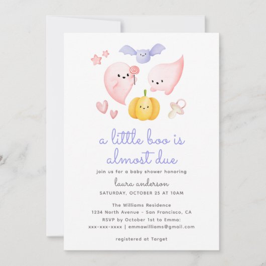 ピンクのハロウィーン小さなブーほとんど赤ちゃんシャワー 招待状 (正面)