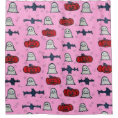 ピンクのハロウィーン幽霊たち、こうもり、ジャック・オ・ランタン シャワーカーテン (正面)