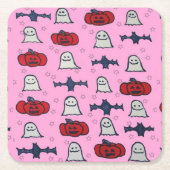 ピンクのハロウィーン幽霊たち、こうもり、ジャック・オ・ランタン スクエアペーパーコースター (正面)