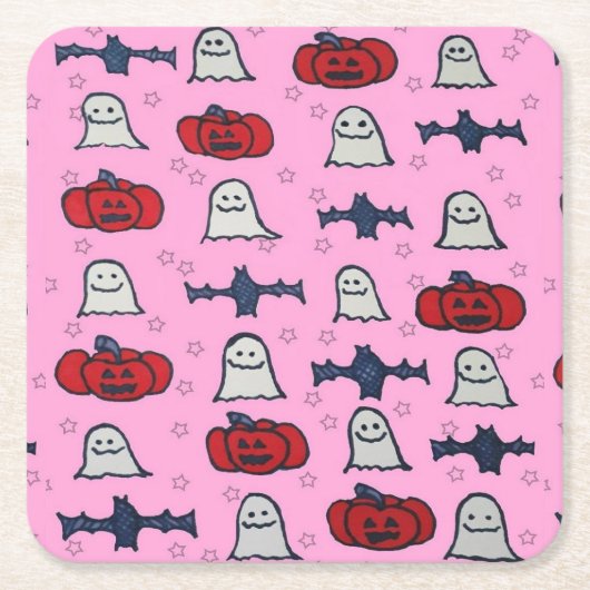 ピンクのハロウィーン幽霊たち、こうもり、ジャック・オ・ランタン スクエアペーパーコースター (正面)