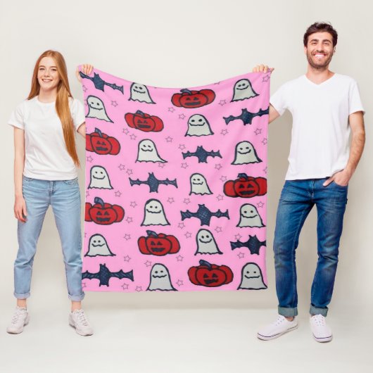 ピンクのハロウィーン幽霊たち、こうもり、ジャック・オ・ランタン フリースブランケット (インサイチュ)
