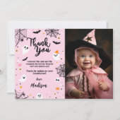 ピンクのハロウィーン幽霊サンキューカードと写真 サンキューカード (正面)