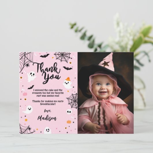 ピンクのハロウィーン幽霊サンキューカードと写真 サンキューカード (スタンド正面)