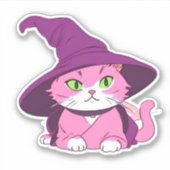ピンクのハロウィーン猫の魔女かわいい飾り シール (正面)