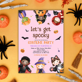 ピンクのハロウィーン誕生日パーティーの衣装かわいい子供たち 招待状