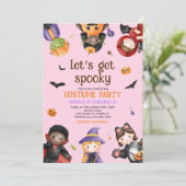 ピンクのハロウィーン誕生日パーティーの衣装かわいい子供たち 招待状 (スタンド正面)