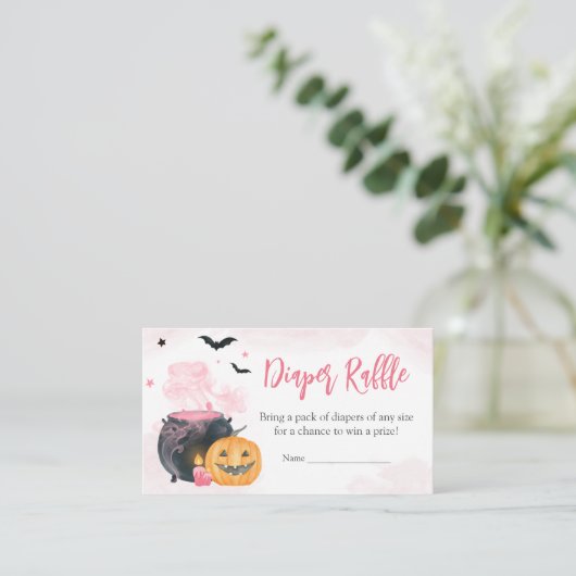 ピンクのハロウィーン赤ちゃんシャワーおむつラッフル エンクロージャーカード (スタンド正面)