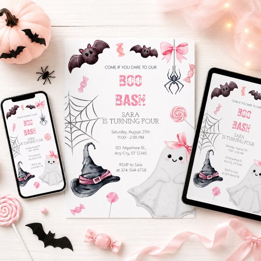 ピンクのハロウィーン おばけバッシュ 誕生日パーティー 女子会 招待状