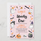 ピンクのハロウィーン スプーキーワン 1歳誕生日 招待状 (正面)