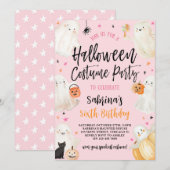 ピンクのハロウィーン スプーキ ガール 誕生日 コスチューム パーティー 招待状 (正面/裏面)