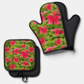 ピンクのハワイアンヒビスカス花模様 鍋つかみ&鍋敷きセット (正面/裏面)