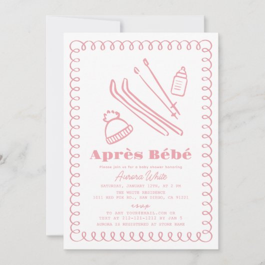 ピンクのハンドドローエールベベベベガールベビーシャワー 招待状 (正面)