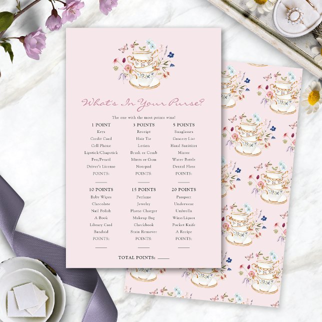 ピンクのハンドバッグの中身ゲーム (Pink Tea Party Wedding Shower What's In Your Purse Game by Painted Paperie
)