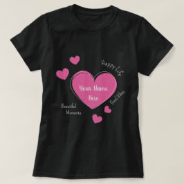 ピンクのハートがプリントされたカスタマイズ可能な黒のレディースTシャツ Tシャツ