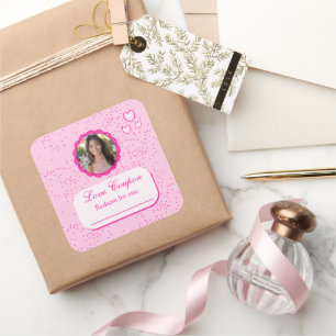 ピンクのハートが写真とクーポンを愛 スクエアシール