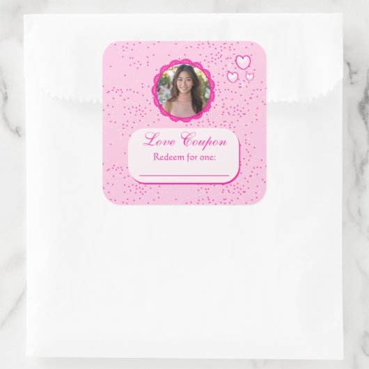 ピンクのハートが写真とクーポンを愛 スクエアシール (バッグ)