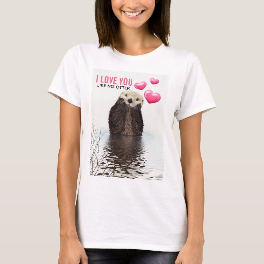 ピンクのハートが大好き可愛いオッター Tシャツ (正面)