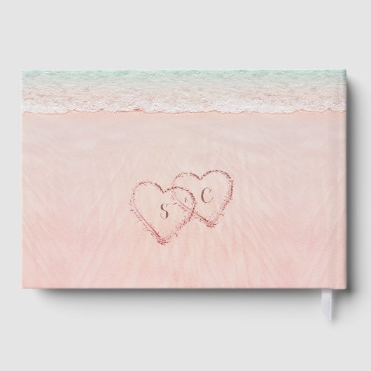 ピンクのハートが砂の宛先ビーチ結婚式 ゲストブック (裏面)