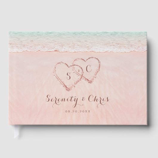ピンクのハートが砂の宛先ビーチ結婚式 ゲストブック (正面)
