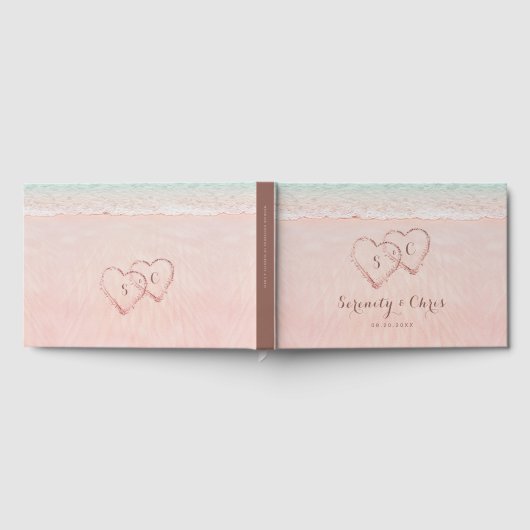 ピンクのハートが砂の宛先ビーチ結婚式 ゲストブック (全面)