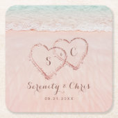 ピンクのハートが砂の宛先ビーチ結婚式 スクエアペーパーコースター (正面)