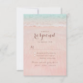 ピンクのハートが砂の宛先ビーチ結婚式 出欠カード (正面)