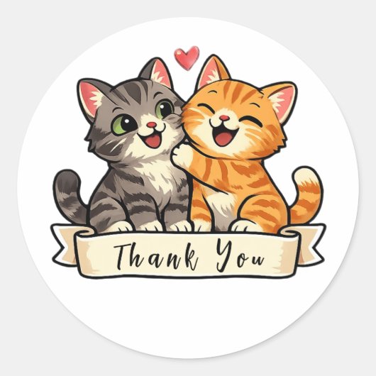 ピンクのハートでありがとう かわいい子猫 ラウンドシール (正面)