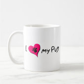 ピンクのハートでポープリントしたパグ引用文が大好き コーヒーマグカップ (左)