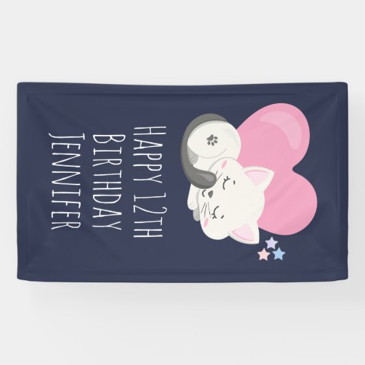 ピンクのハートで眠る甘い子ネコ誕生日 横断幕 (横)