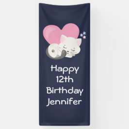 ピンクのハートで眠る甘い子ネコ誕生日 横断幕