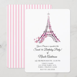 ピンクのハートとバタフライ パリ エッフェル塔パーティ 招待状