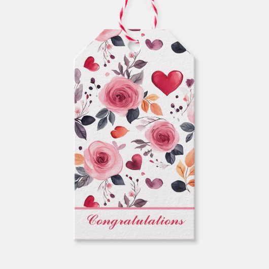 ピンクのハートとバラおめでとう ギフトタグ (正面)