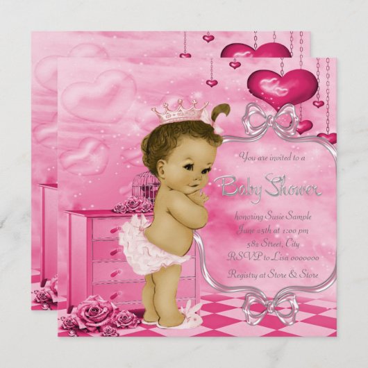 ピンクのハートとバラアフリカ系アメリカ人ベビーシャワー 招待状 (正面/裏面)