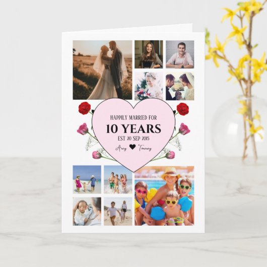 ピンクのハートとバラ付き記念写真カード カード (黄色い花)