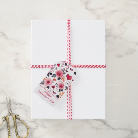 ピンクのハートとバラ ギフトタグ (より糸付き)