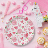 ピンクのハートとバラ ペーパープレート (パーティー)