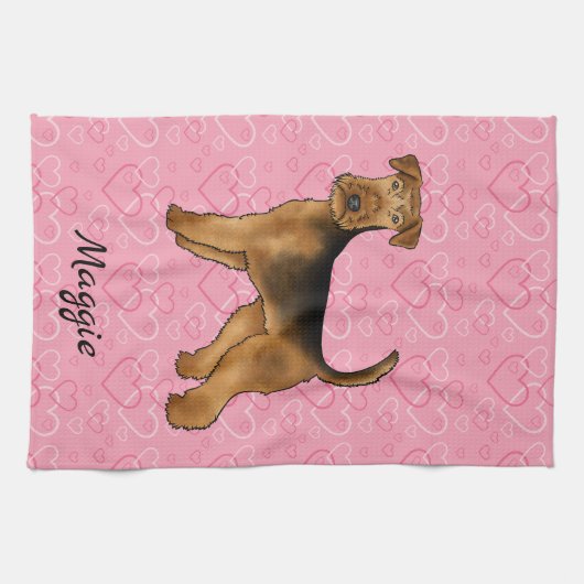 ピンクのハートと名前のAiredale Terrier Dog キッチンタオル (横)
